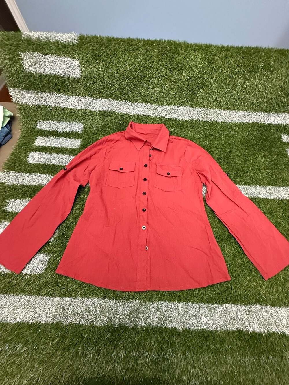 Cotton Linen Button Down Shirt Red Long Sleeve Small